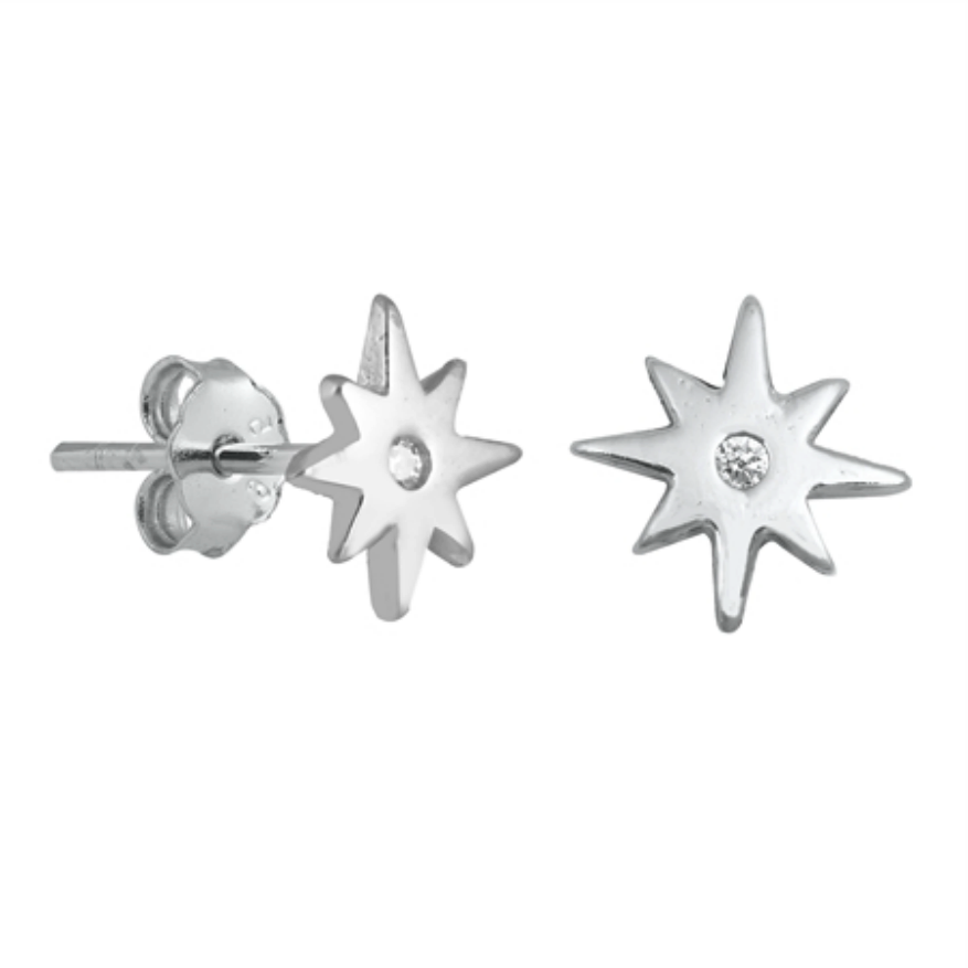 .925 Sterling Silver Star Starburst CZ Ladies and Girls Stud Earrings