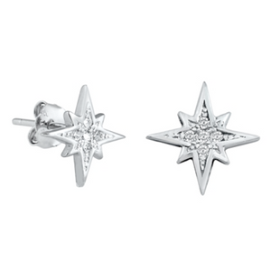 .925 Sterling Silver Star Starburst CZ Ladies and Girls Stud Earrings