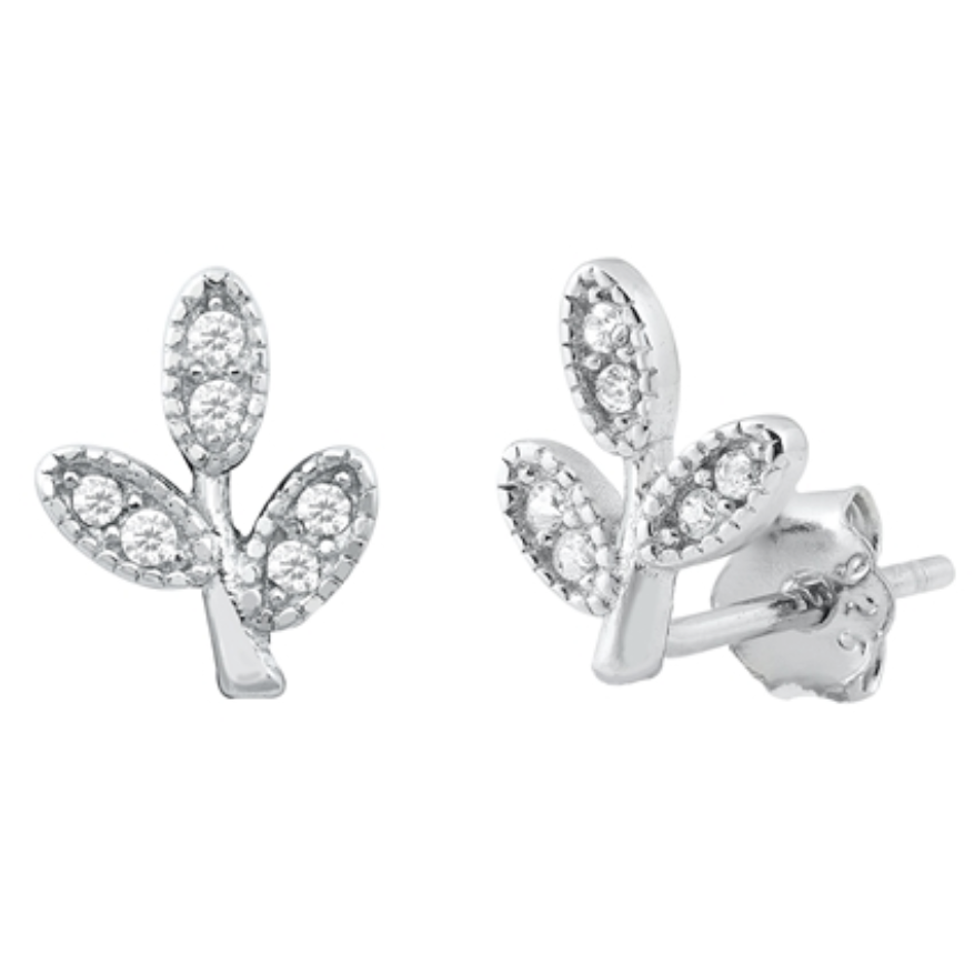 Womens CZ silver leaf earring studs