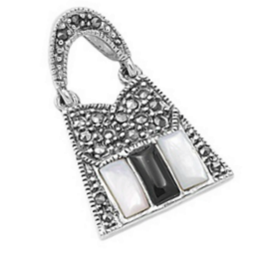 Fashionistas unite with this cute hobo style bag pendant in Marcasite with Mother of Pearl and Black Onyx
