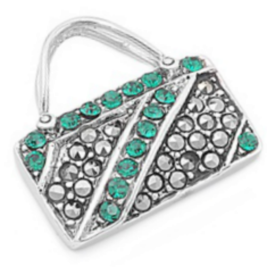 Luicious Emerald studded baguette purse ladies pendant or charm in sterling silver