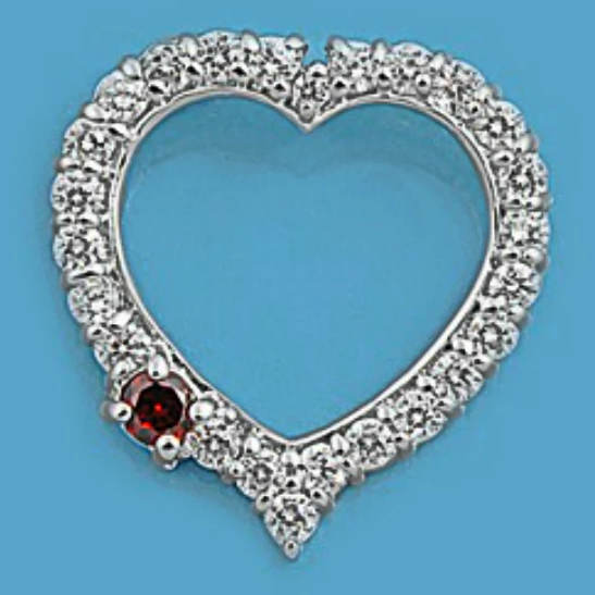 Womens or girls heart pendant with garnet accent stone in sterling silver