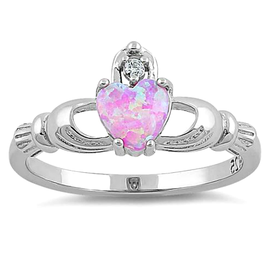 .925 Sterling Silver Pink Opal Claddagh Heart Ring Ladies and Kids Size  4-13 Midi