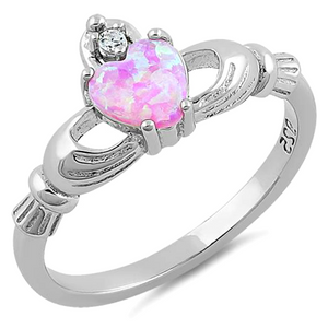 .925 Sterling Silver Pink Opal Claddagh Heart Ring Ladies and Kids Size  4-13 Midi