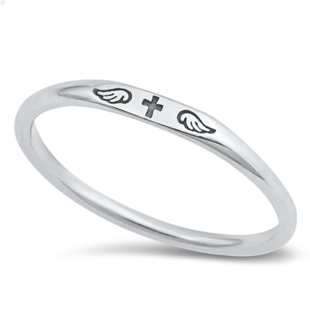 Cross and angel wings ring