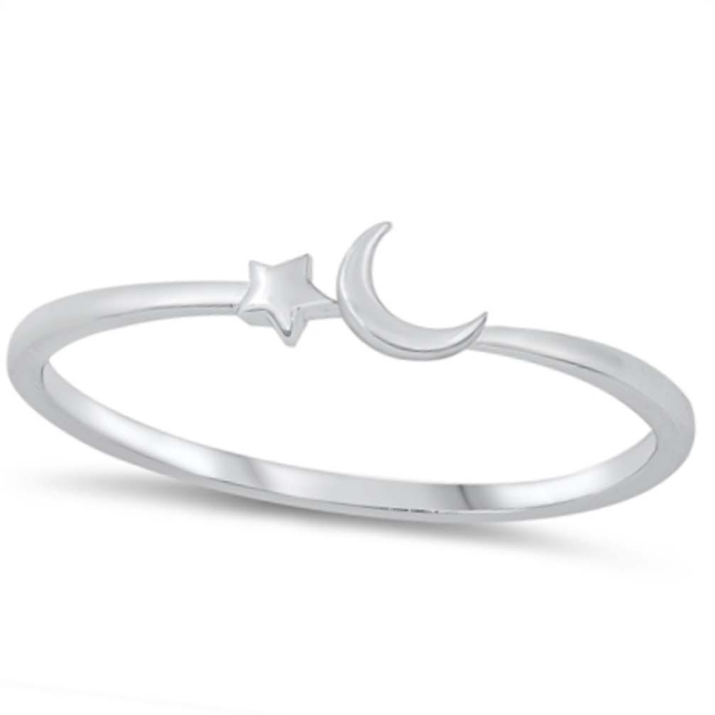 Womens and girls tiny star and moon silver ring