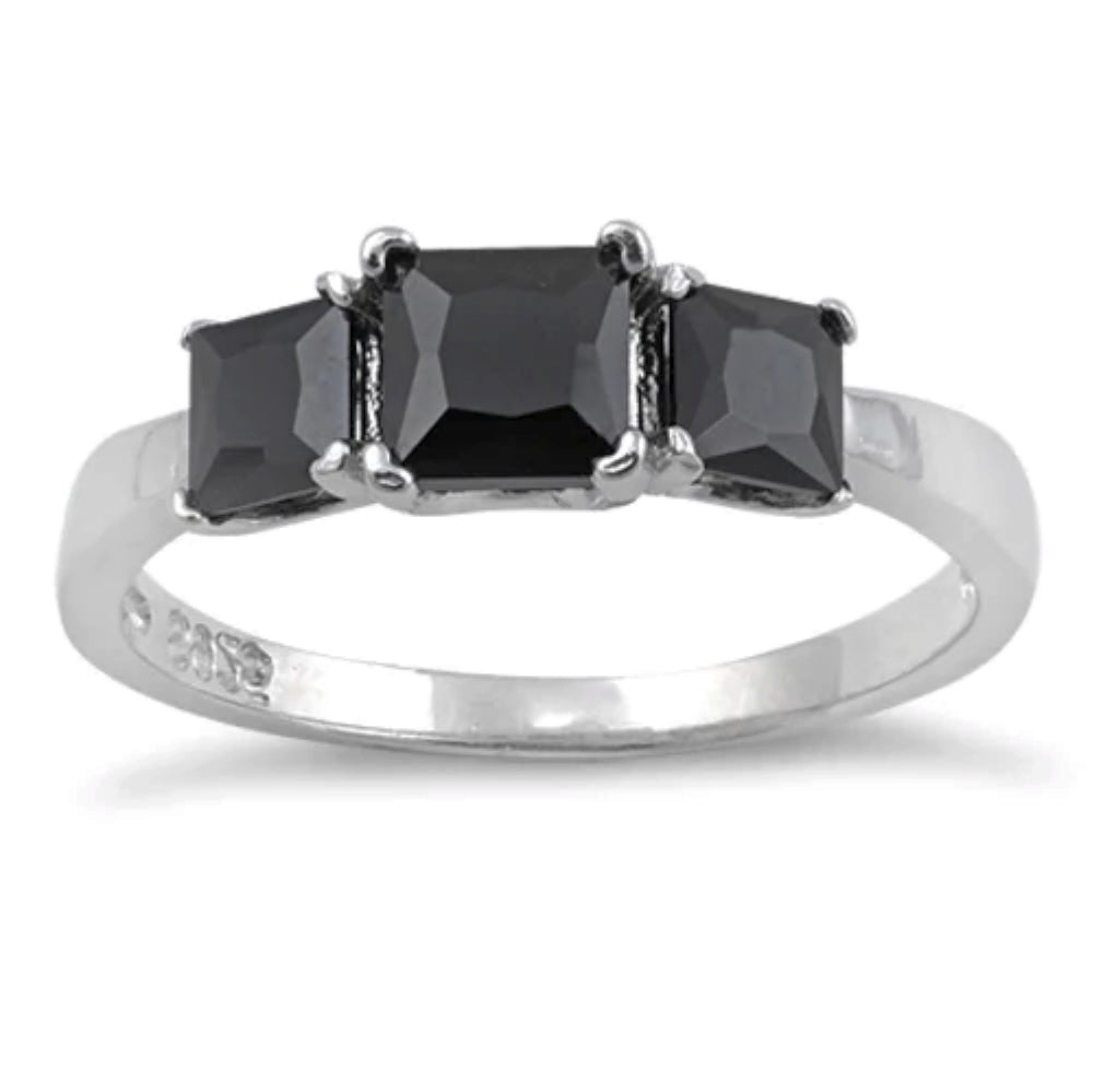 Silver three stone black CZ ring