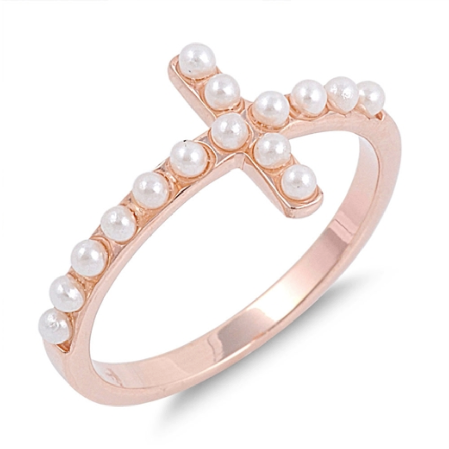 Womens rose gold pearl sideways cross ring