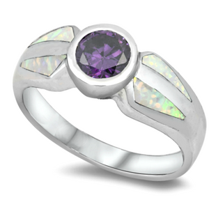 Purple and white rainbow opal vintage look womans ring in sterling silver
