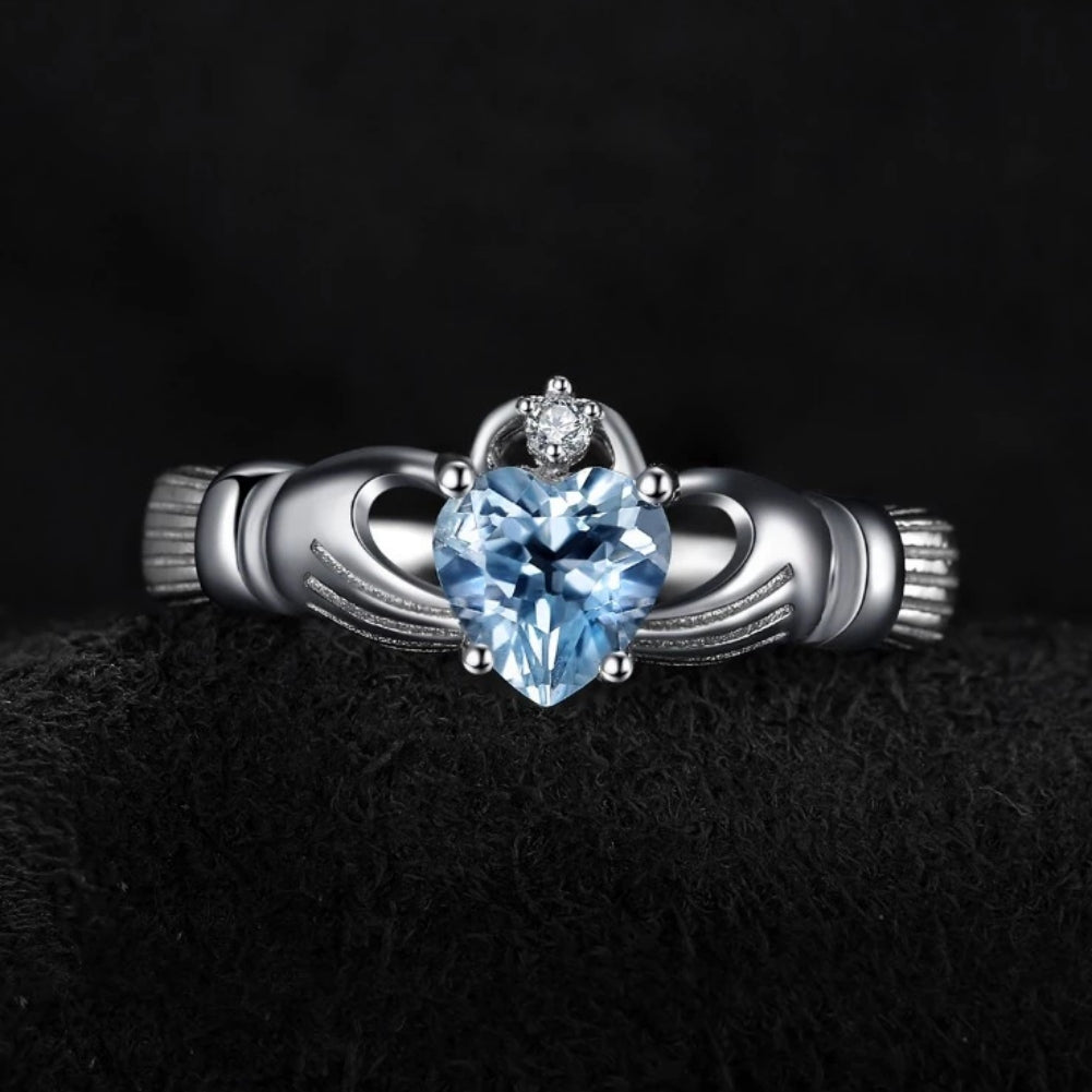 Aquamarine Claddagh heart ring