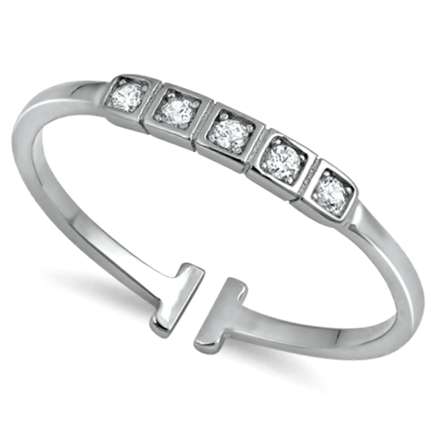 Stackable and adjustable womens silver ring with square cut setting and round cut gemstones