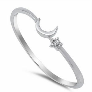 Womens and childs crescent moon star thin band ring