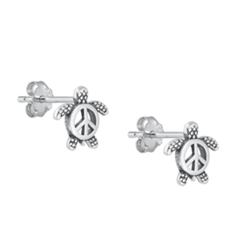 Silver turtle peace sign stud earrings