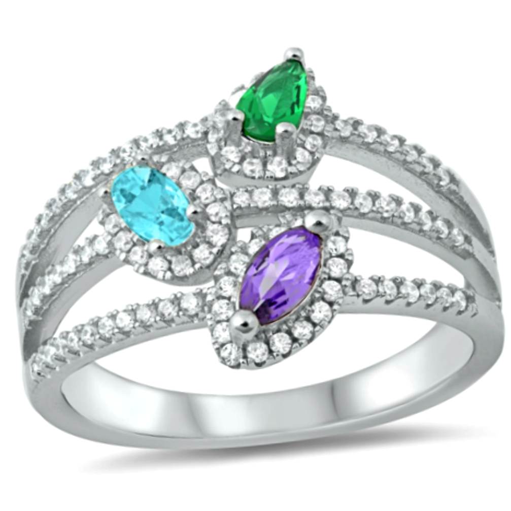 Womens cluster ring with emeralds, amethysts, and aquamarines