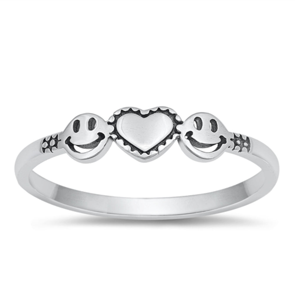 .925 Sterling Silver Smiley Face Heart Ring Ladies Kids Size 2-10 Midi