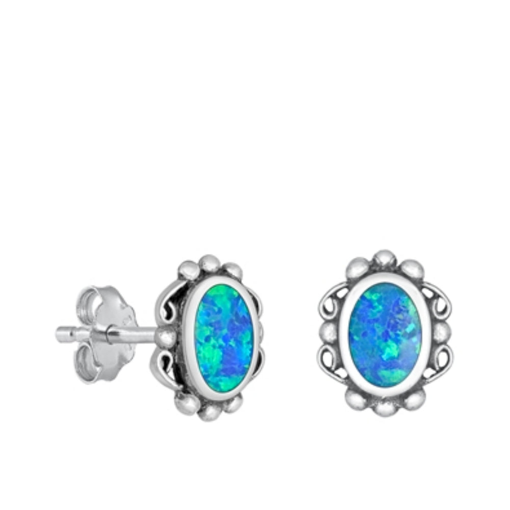Silver oval blue opal stud earrings