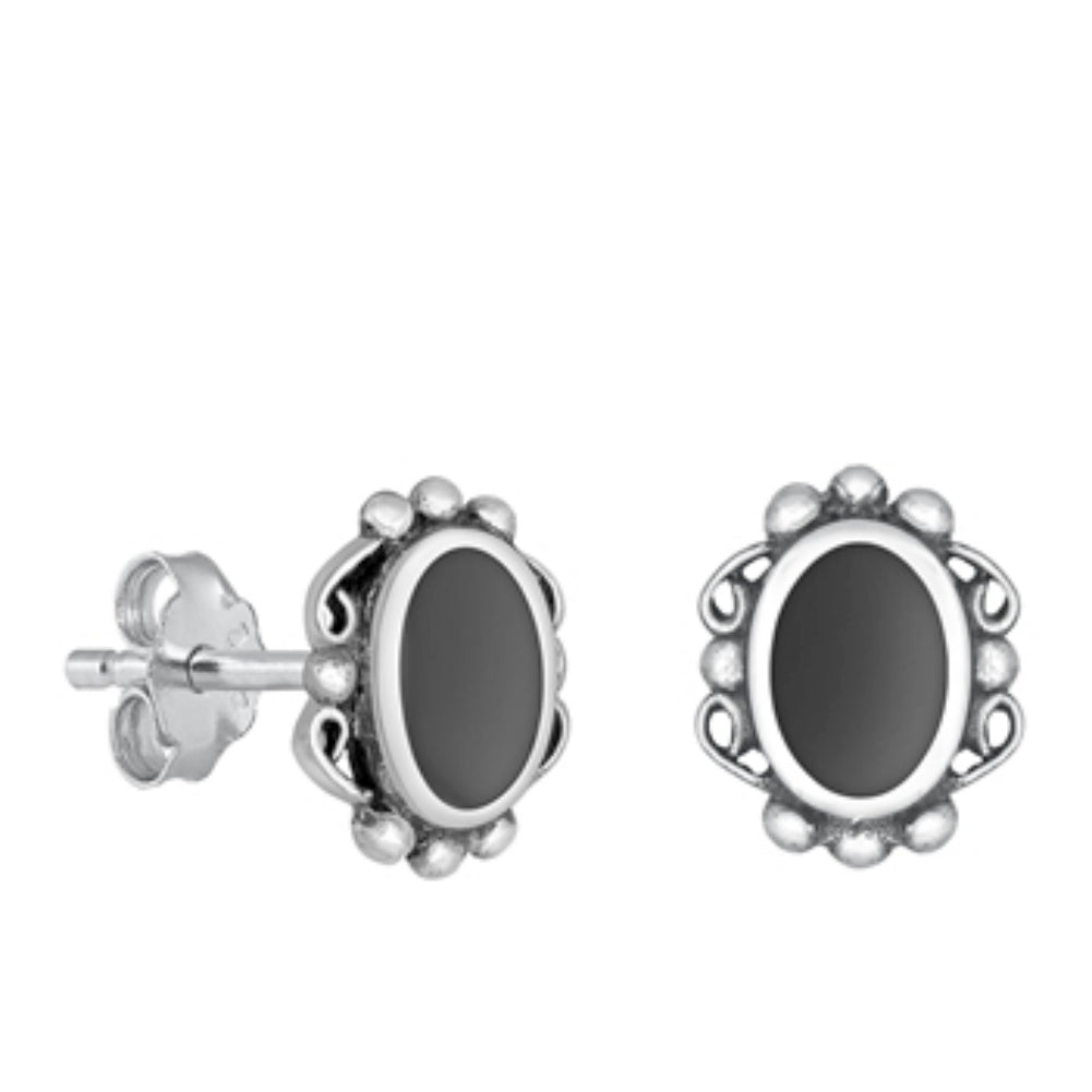Silver black agate oval stud earrings