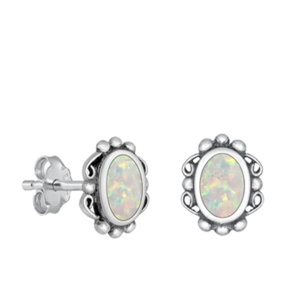 Silver white opal oval stud earrings