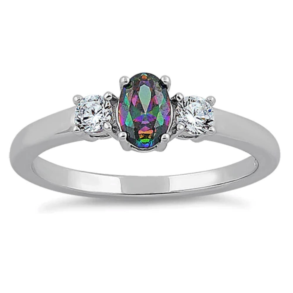 Silver rainbow mystic topaz oval cut ring