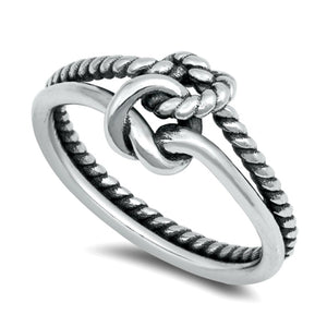 Knotted rope band with smooth band double infinity knot ring in sterling silver
