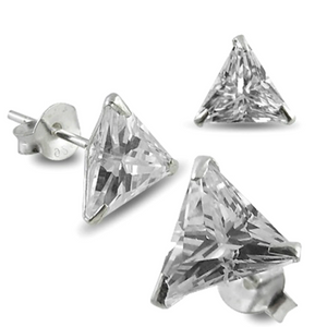 .925 Sterling Silver Trillion Triangle Cut Clear CZ Stud Earrings in 4mm-8mm