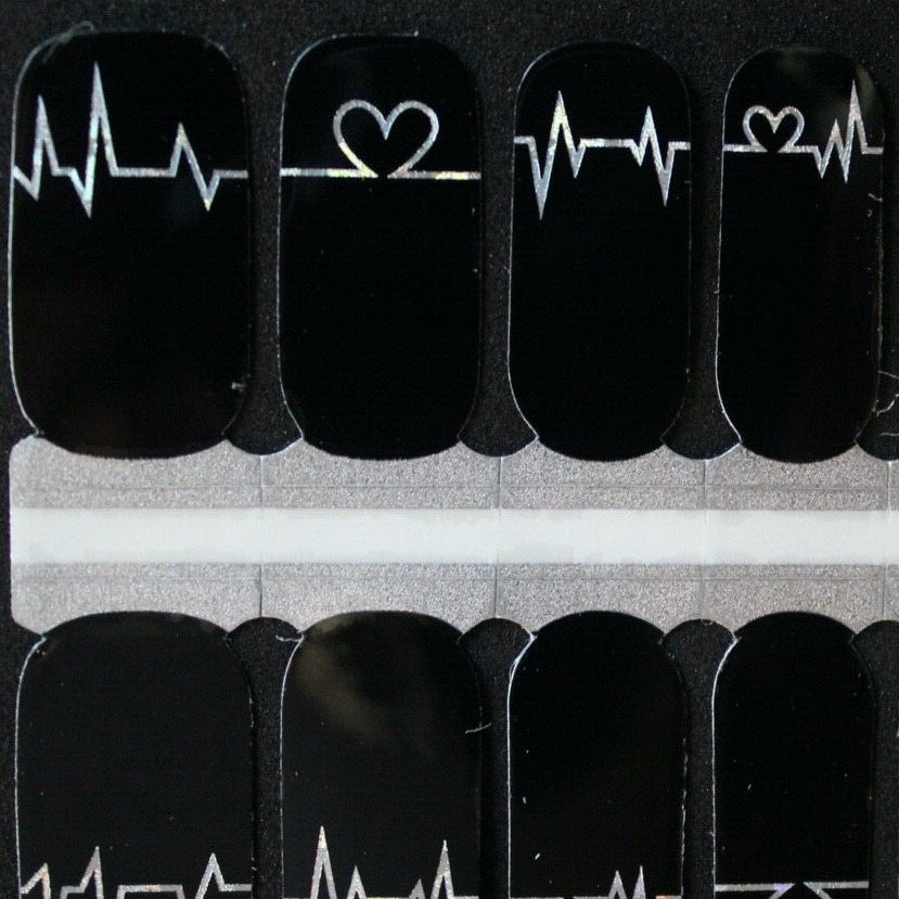 Black and silver holo heartbeat nail polish wraps strips