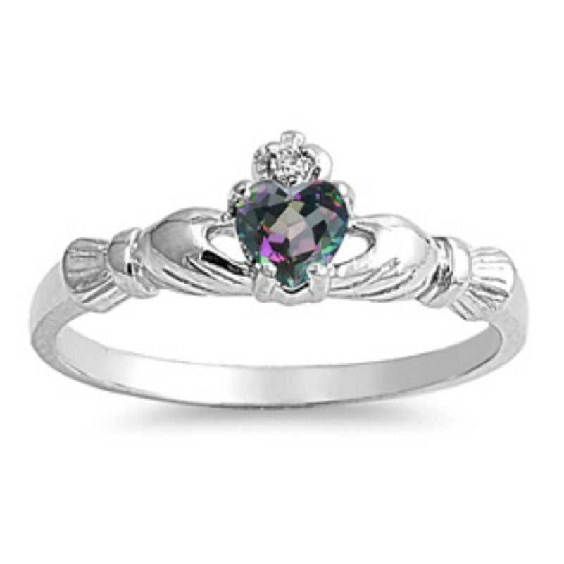 Sterling Silver .50 ct. Petite Rainbow Mystic Topaz CZ Claddagh Ring Size 1-9