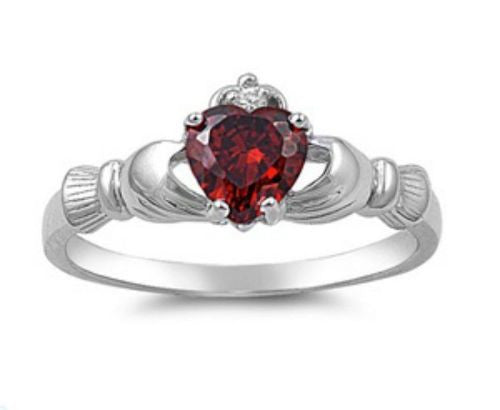 Sterling Silver Red Garnet CZ Irish Claddagh Ring Size 5-10 by Blades and Bling