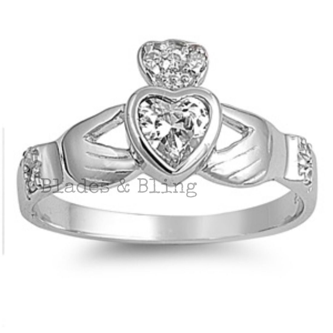 Sterling Silver Clear CZ Irish Claddagh Ring size 5-10 - Blades and Bling Sterling Silver Jewelry