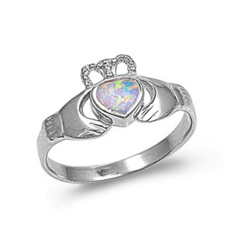Ladies Sterling Silver White Opal Claddagh Ring CZ size 5-10