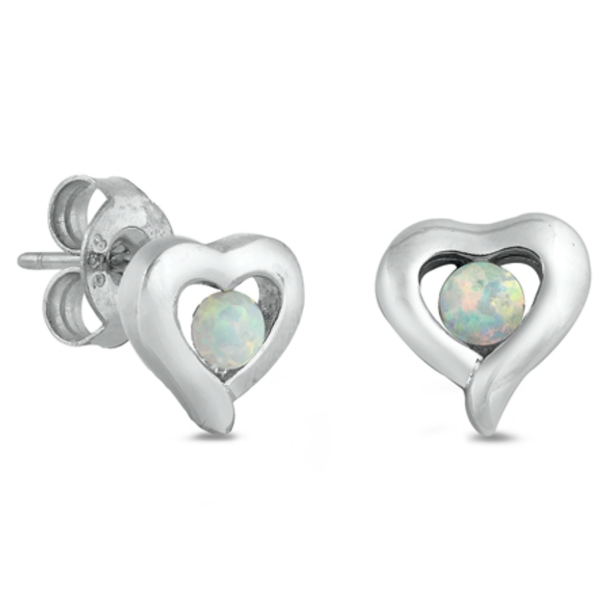 Womens thick white opal open heart earrings in sterling silver
