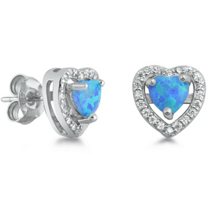 Womens prong set blue opal heart earrings in sterling silver
