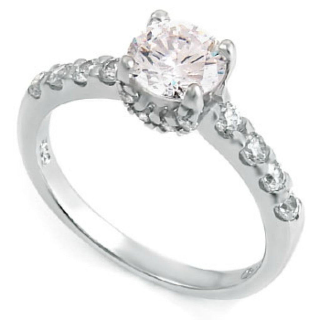 Sterling Silver 1 carat Round Cut CZ Fancy Engagement Ring with Pave Set Basket size 5-9