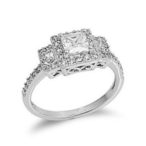 Sterling Silver Halo CZ Princess Cut Engagement Ring Three Stone size  5-10 by  Blades and Bling Sterling Silver Jewelry 