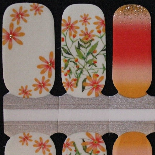 Orange Flowers and Ombres with Gold Glitter White Back Ground Nail Polish Wraps Stickers