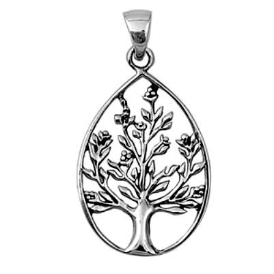 Sterling Silver Teardrop Family Tree of Life Spring Blooms pendant (Yggdrasil) - Blades and Bling Sterling Silver Jewelry