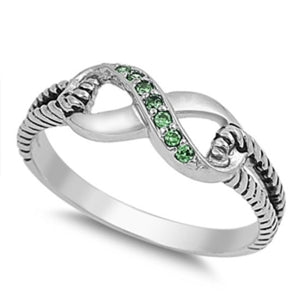 Sterling Silver Emerald Green CZ Infinity Ring with Cable Band Size 4-10 - Blades and Bling Sterling Silver Jewelry