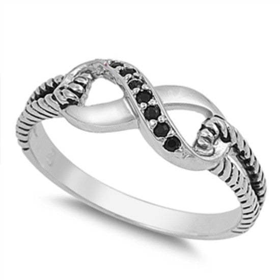 Sterling Silver Black Onyx CZ Infinity Ring with Cable Band Size 4-10 - Blades and Bling Sterling Silver Jewelry