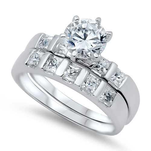 Sterling Silver CZ 2.5 carat Brilliant Round Cut Channel Set Wedding Ring Set Size 5-10 - Blades and Bling Sterling Silver Jewelry