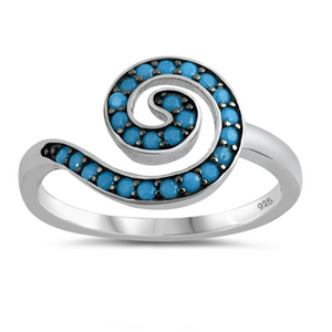 Style: Finely detailed and sophisticated swirly symbol set with turquoise gemstones on a striking black background  Metal quality: .925 Sterling Silver with stamped hallmark  Color: Blue, Black, Clear White  Stones: AAA Quality Russian Ice Cubic Zirconia  Stackable: Yes  Wear as: Ladies Midi, Thumb, Knuckle, Regular finger fashion  Face height: 10 mm high  Band width: 2 mm  Ring size: 5-10  Packaging: Comes in a pretty gift box  Made in the USA