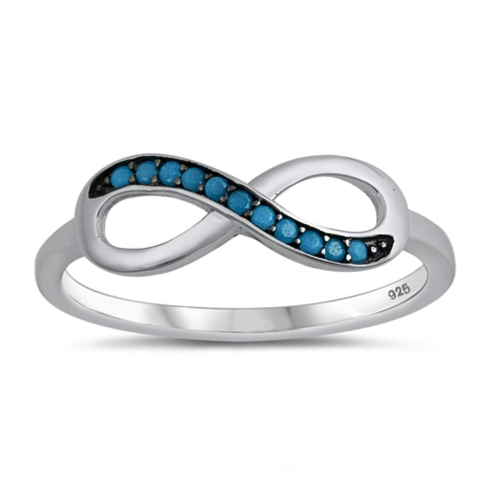 Style: Exotic artisan eternity infinity symbol with turquoise gemstones set on a bold black background  Metal quality: .925 Sterling Silver with stamped hallmark  Color: Blue, Black  Stackable: Yes  Wear as: Ladies Midi, Thumb, Knuckle, Regular fashion  Face height: 10 mm high  Band width: 2 mm  Ring size: 4-10  Packaging: Comes in a pretty gift box  Made in the USA