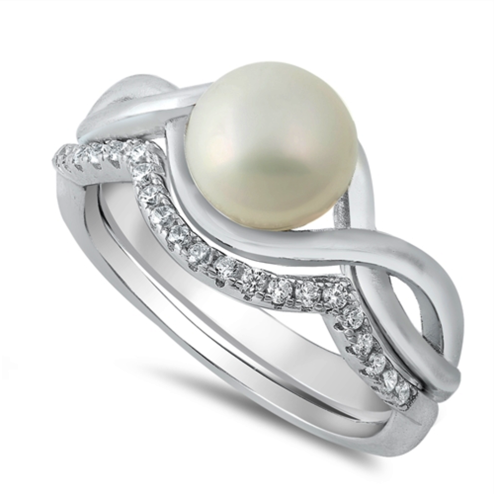 Pearl Ladies Ring Set Size 5-10 in Sterling Silver and CZ