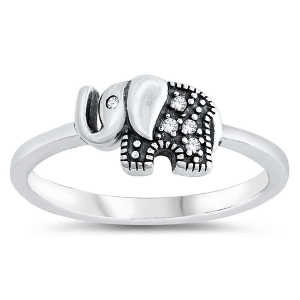 Style: Cute good luck elephant with clear white gemstone eye and accents  Metal quality: .925 Sterling Silver with stamped hallmark  Color: Silver, Black  Stones: AAA Quality Russian Ice Cubic Zirconia  Stackable: Yes  Wear as: Kids fashion, Ladies Midi, Thumb, Knuckle, Regular  Face height: 7 mm high  Band width: 2 mm  Ring size: 4-10  Packaging: Comes in a pretty gift box  Made in the USA