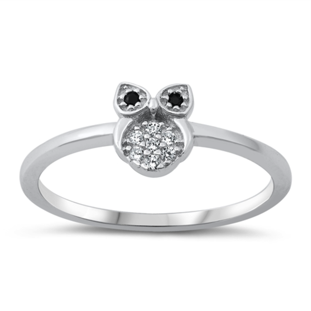 Style: Tiny Cute Owl with black eye gemstone accents  Metal quality: .925 Sterling Silver with stamped hallmark  Color: Silver, Black, Clear White  Stones: AAA Quality Russian Ice Cubic Zirconia  Stackable: Yes  Wear as: Kids fashion, Ladies Midi, Thumb, Knuckle, Regular  Face height: 7 mm high  Band width: 2 mm  Ring size: 5-10  Packaging: Comes in a pretty gift box  Made in the USA