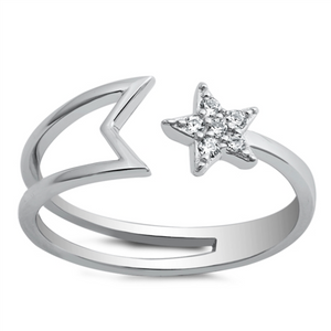 Style: Beautifully crafted star ring with gemstone accents  Metal quality: .925 Sterling Silver with stamped hallmark  Color: Silver, Clear White  Stones: AAA Quality Russian Ice Cubic Zirconia  Stackable: Yes  Wear as: Ladies Midi, Thumb, Knuckle, Regular fashion  Face height: 8 mm high  Band width: 2 mm  Ring size: 5-10  Packaging: Comes in a pretty gift box  Made in the USA