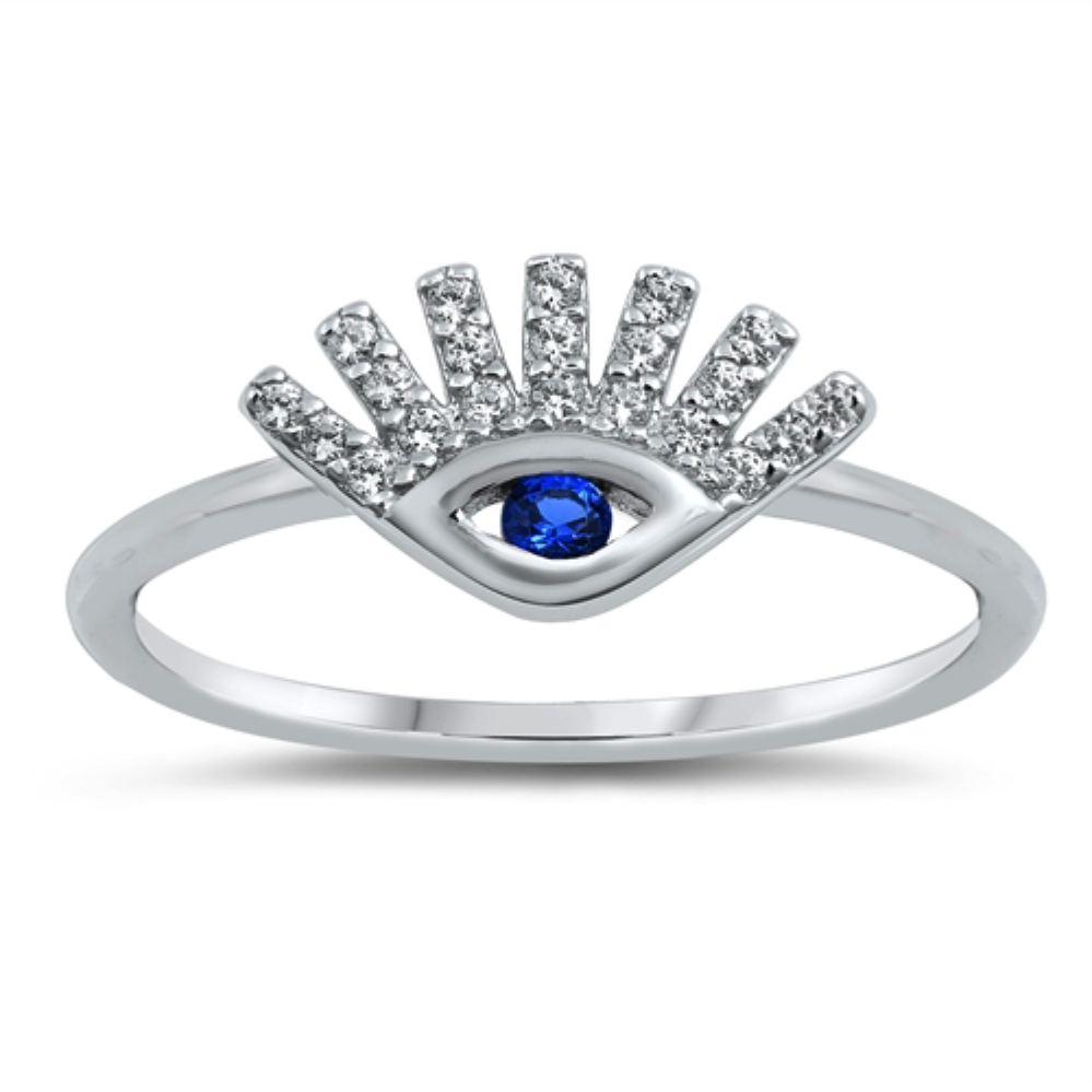 Style: Fun and zany blue eye ring with CZ eyelashes.    Metal quality: .925 Sterling Silver with stamped hallmark  Color: Blue, Clear White  Main stone cut and type: Brilliant Round Cut AAA Cubic Zirconia CZ  Setting: 4 prong, Channel set  Stackable: Yes  Wear as: Ladies Midi, Thumb, Knuckle, Regular fashion  Face height: 9 mm high  Band width: 2 mm  Ring size: 5-10  Packaging: Comes in a pretty gift box  Made in the USA