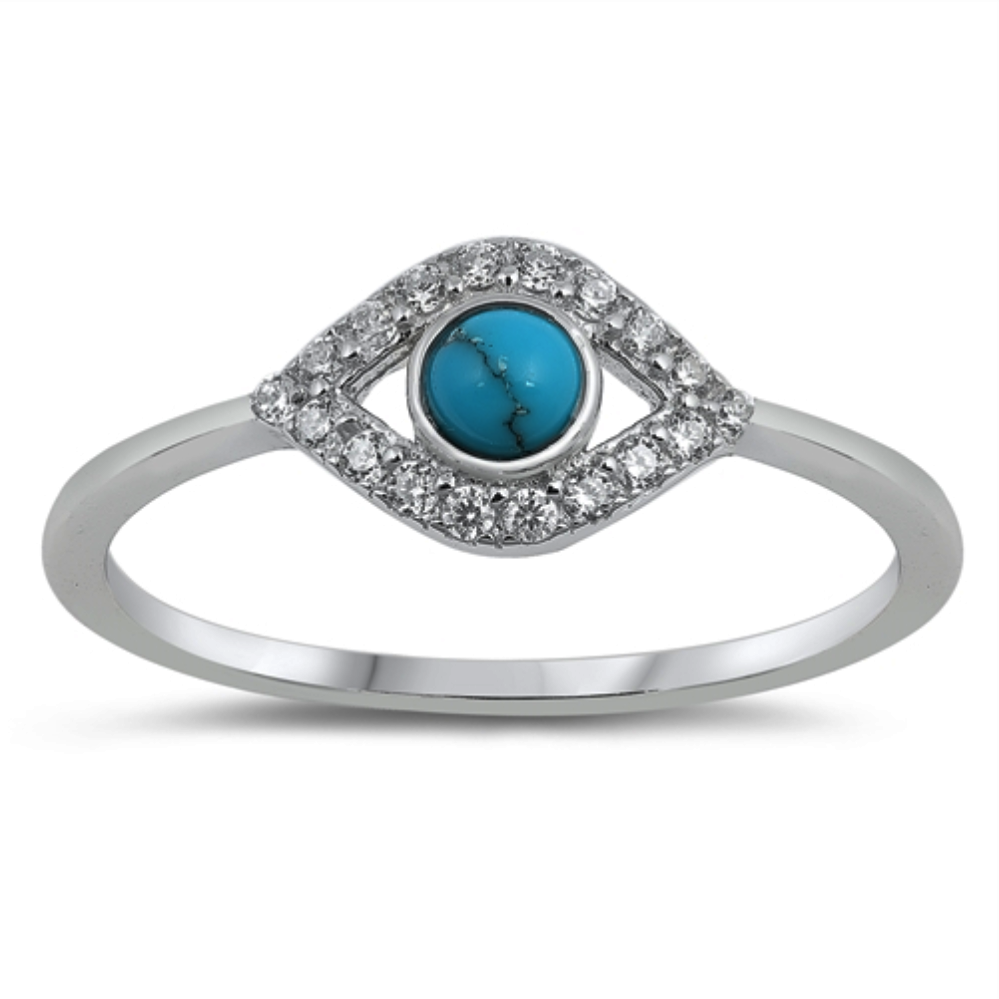 Style: Flirty CZ all seeing eye ring with turquoise gemstone   Metal quality: .925 Sterling Silver with stamped hallmark  Color: Blue, Clear White  Stackable: Yes  Wear as: Ladies Midi, Thumb, Knuckle, Regular fashion  Face height: 9 mm high  Band width: 2 mm  Ring size: 4-10  Packaging: Comes in a pretty gift box  Made in the USA