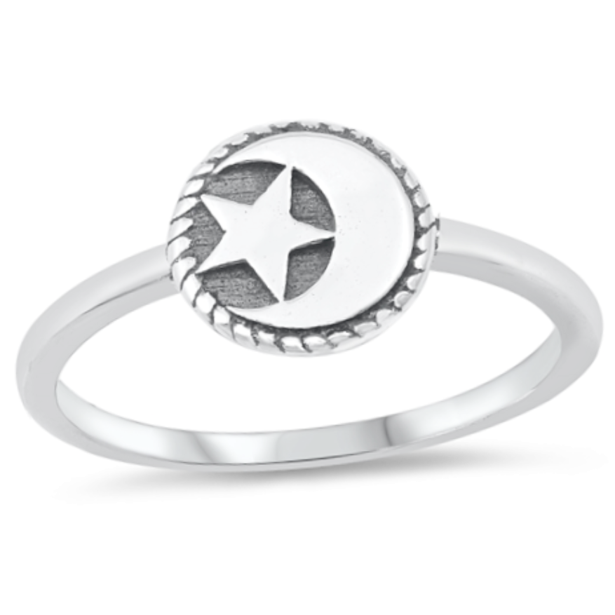 Womens and girls star and moon silver ring