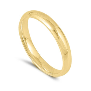 Warm and bright classic wedding band or fashion ring  Stackable in various colors for a midi or thumb ring or wear it in traditional style on your finger  Metal quality: .925 Sterling Silver with stamped hallmark  Color: Yellow Gold  Stones: None  Band width: 3 mm band  Packaging: Comes in a pretty ring gift box perfect for gift giving or storage  Ring Size 2-12  Made in the USA