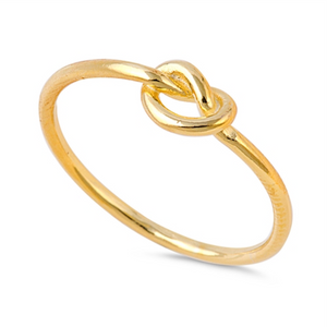 Style: Wire Infinity Knot  Metal quality: .925 Sterling Silver with stamped hallmark  Color: Yellow Gold  Stones: None  Stackable: Yes  Wear as: Midi, Thumb, Knuckle, Regular ring  Face height: 5 mm high  Band width: 1.5 mm  Ladies ring size: 3-12  Packaging: Comes in a pretty gift box  Made in the USA